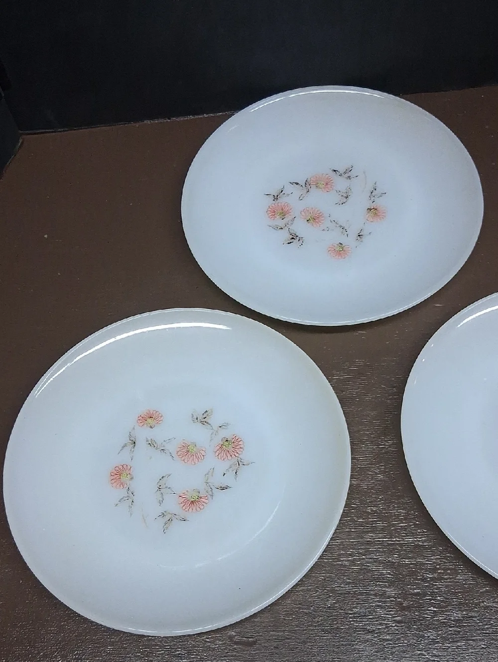 Fire King Fleurette‎ Milk Glass Dinner Plates -3 pc. With Pink Floral (#1)